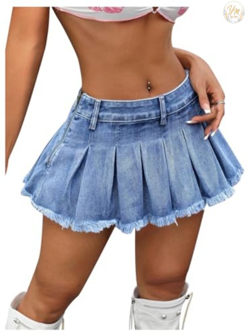 Y2K Pleated Raw Hem Denim Mini Skirt